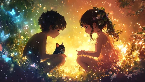 Children share quiet moment with cat in glowing forest.