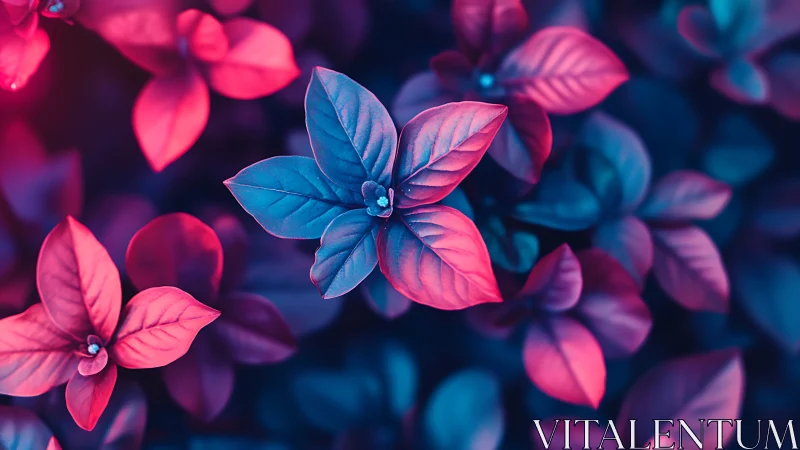 Neon blue and pink leaves glow softly in dreamy macro focus