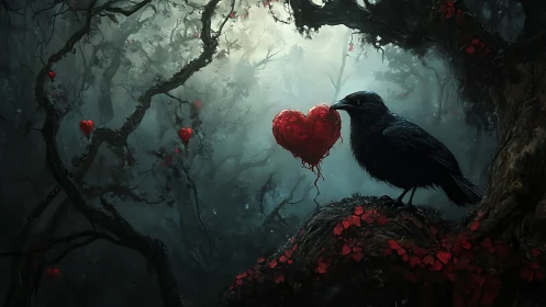 Dark Bird Encounters Red Heart in Misty Forest.