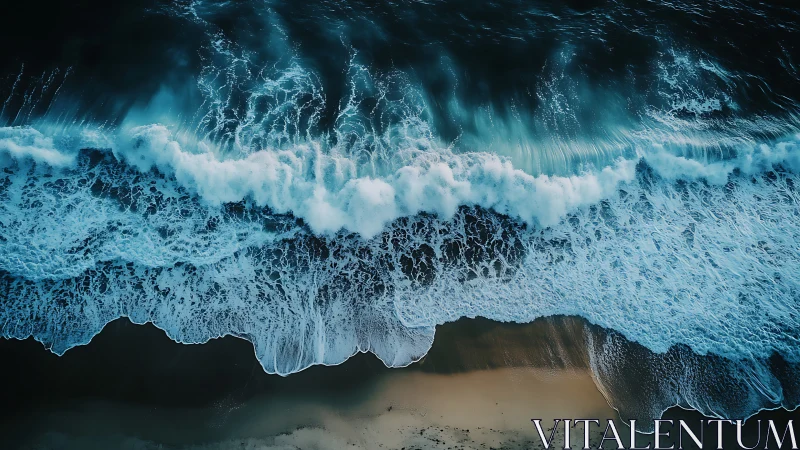 Aerial ocean surf crashing over dark sand shoreline.