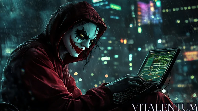 Cyberpunk hooded hacker with sinister mask in neon rain city.