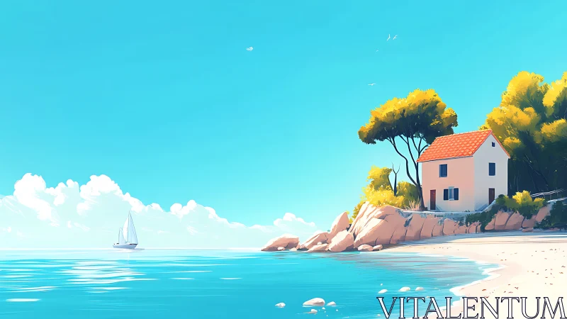 Coastal Mediterranean Villa with Sailboat in Luminous Seascape