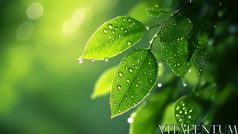 Morning raindrop chorus on glowing green garden leaves.