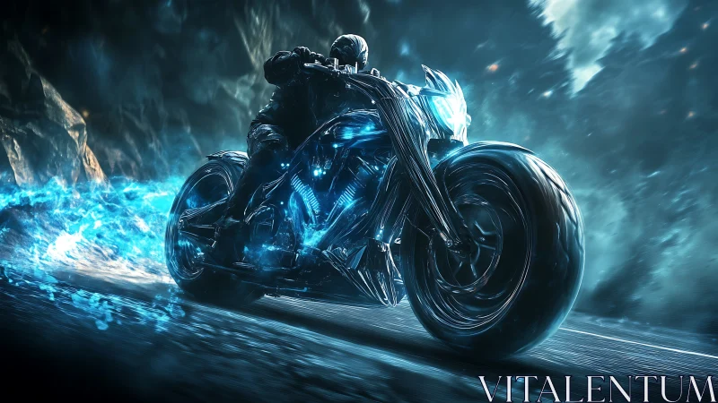 Neon storm rider carving blue fire across a void highway.