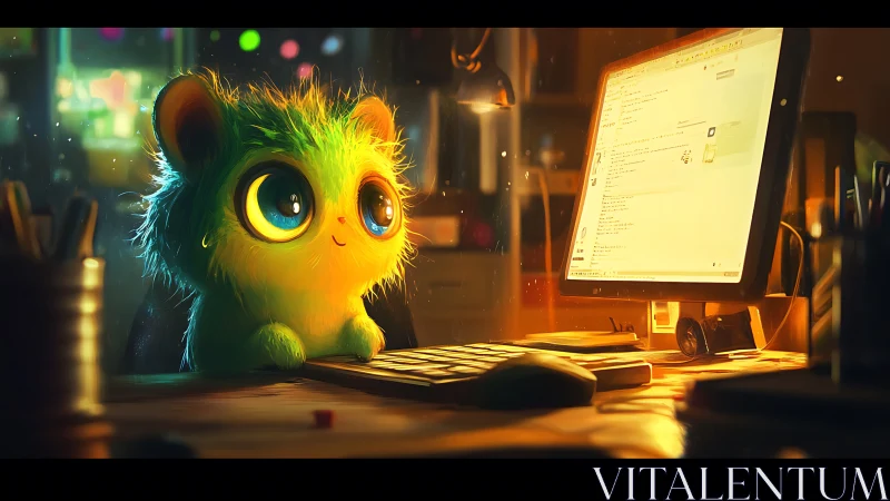 Glowing furry creature studies code at warm desk workstation.