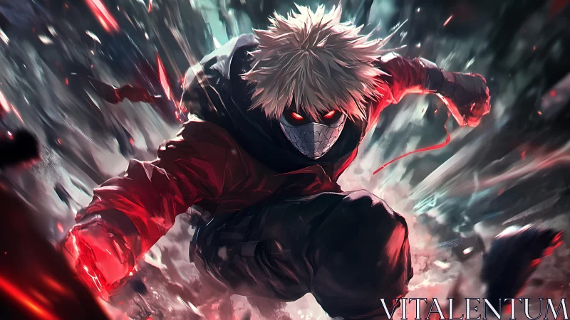 Masked cyber warrior lunges through explosive crimson shards.