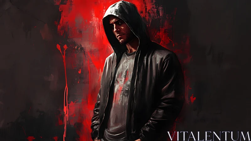 Hooded man in black jacket against abstract red smear field