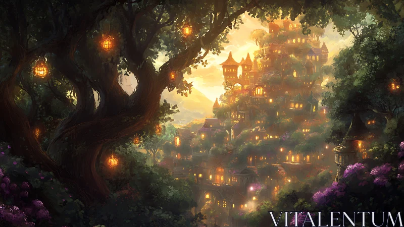Glowing fantasy forest city built into towering hillside.