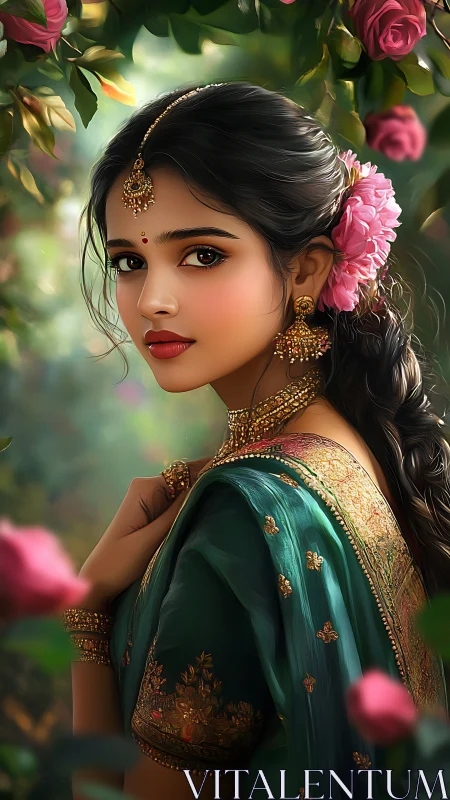 Woman in teal saree with gold jewelry among pink roses.