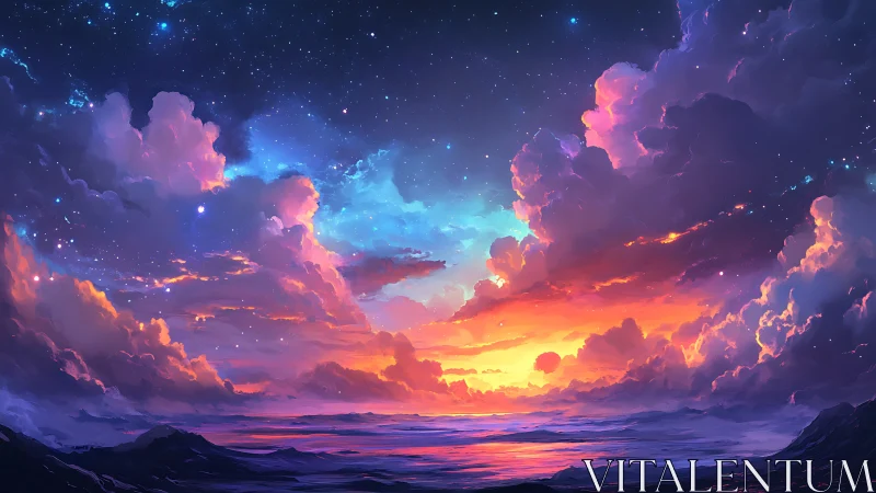 Starlit ocean horizon ignites beneath dream-soaked nebula clouds.