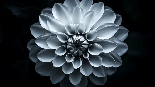 Luminous Dahlia Unfolds in Monochromatic Splendor Against Void