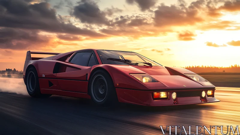 Red supercar races along runway under blazing sunset sky.