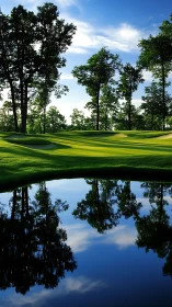 Golf fairway and pond reflection under clear blue sky.