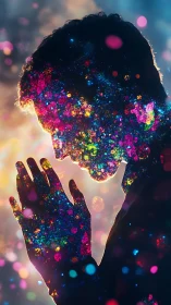 Stardust silhouette pauses in quiet, colorful reflection