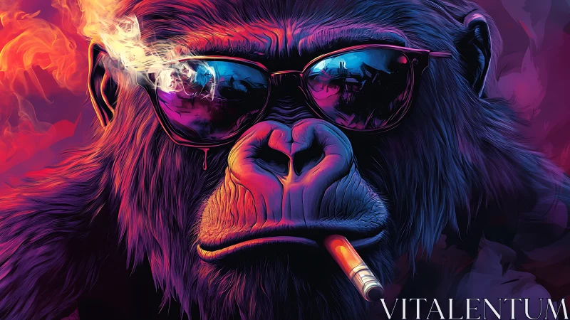 Neon-lit gorilla in sunglasses smokes with cinematic attitude