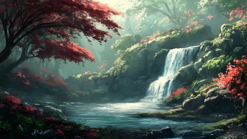 Enchanted forest waterfall shimmers amid crimson blossom groves.