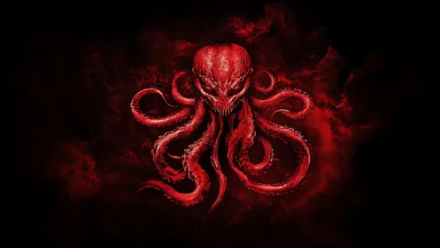 Sinister crimson octopus skull swirls through dark red mist