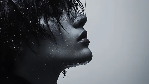 Monochrome side portrait of wet face with water droplets.