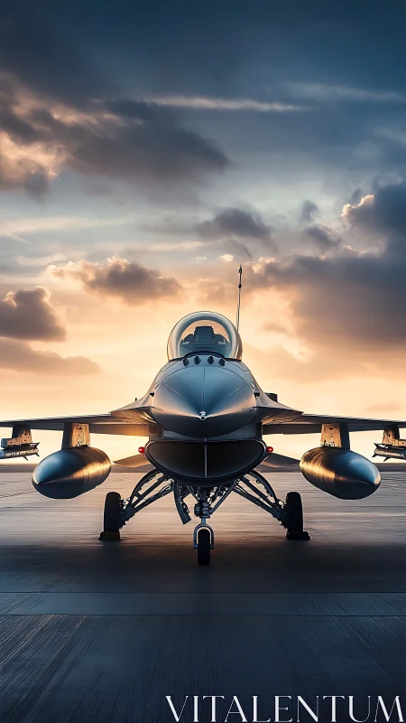 Frontline jet fighter poised at sunrise on runway tarmac.