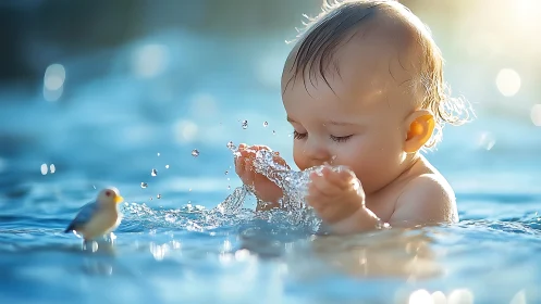 Infant playing in sunlit shallow water with splashing droplets