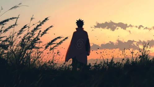 Cloaked wanderer greets ember-tinted sunset in quiet fields.