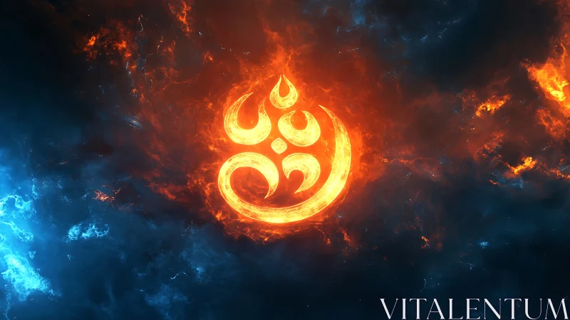 Fiery om symbol burns within cosmic blue orange nebula.