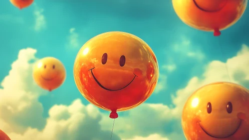 Smiling yellow balloons drifting under radiant summer sky.