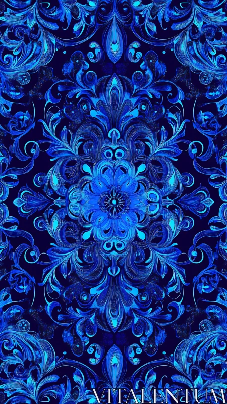 Midnight blue floral mandala swirling with glowing detail.
