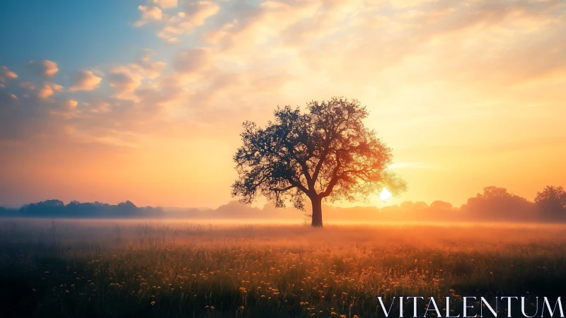Gentle sunrise tree glowing softly above a misty meadow.