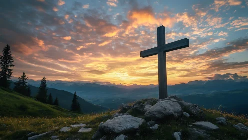 Hilltop wooden cross against vivid mountain sunset sky.