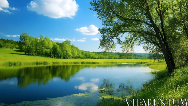 Vibrant lakeside meadow with reflective still water surface.