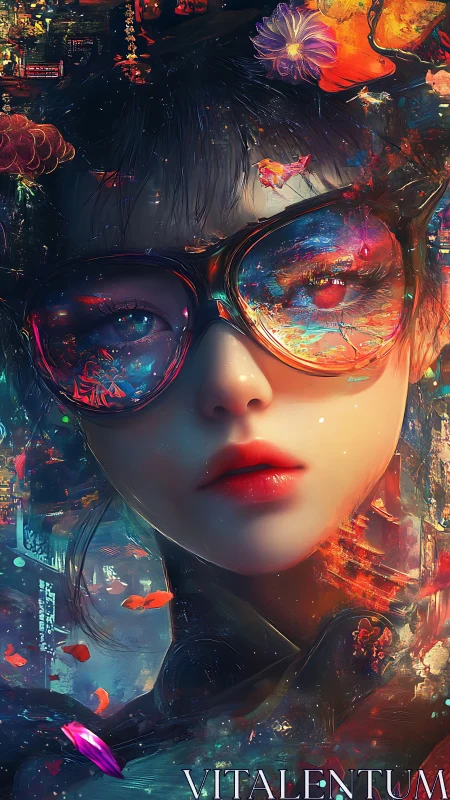 Glasses reflect dense neon cityscape around stylized portrait