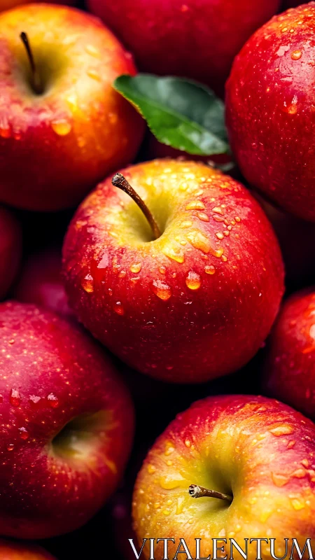 Dewy crimson apples lean into the light like glossy lanterns