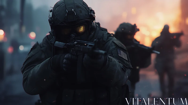 Tactical shadows advance through firelit urban chaos at dusk.