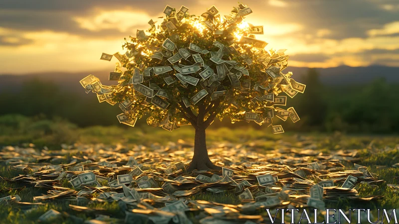 Golden hour money tree with lush banknote foliage glows.