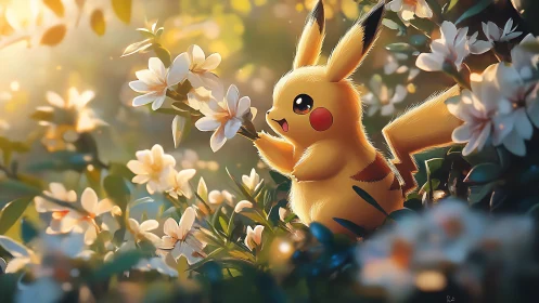 Luminous Pikachu interacting with magnolia blooms in dappled light.