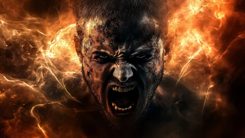 Fiery digital portrait of screaming man in glowing smoke.