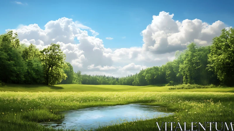 Sunny meadow with small pond under cumulus clouds.