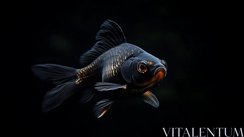 Black goldfish rendered in dramatic low key photorealism
