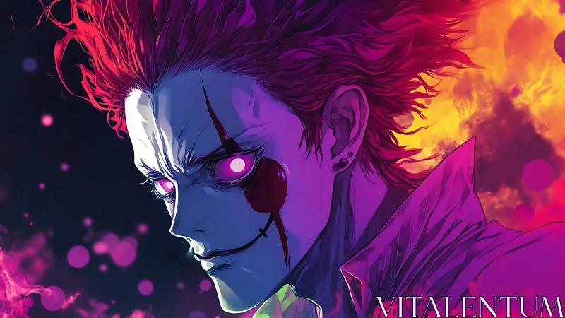 Neon-eyed demon clown glows in magenta inferno haze.