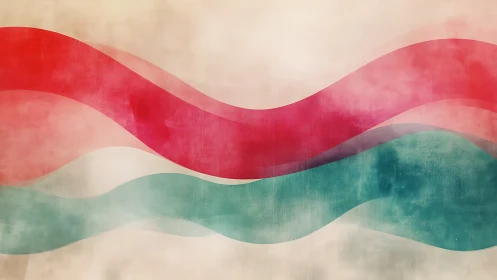 Abstract red and teal wave bands on textured beige field.