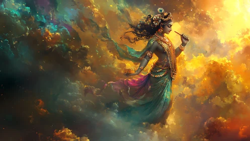 Celestial goddess drifting through radiant storm clouds.
