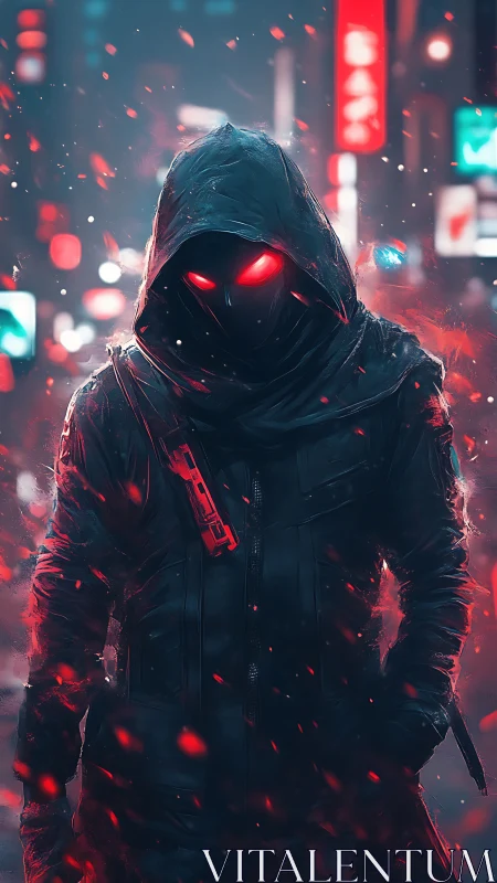 Neon-eyed hooded phantom stalking through ember-lit citynight.