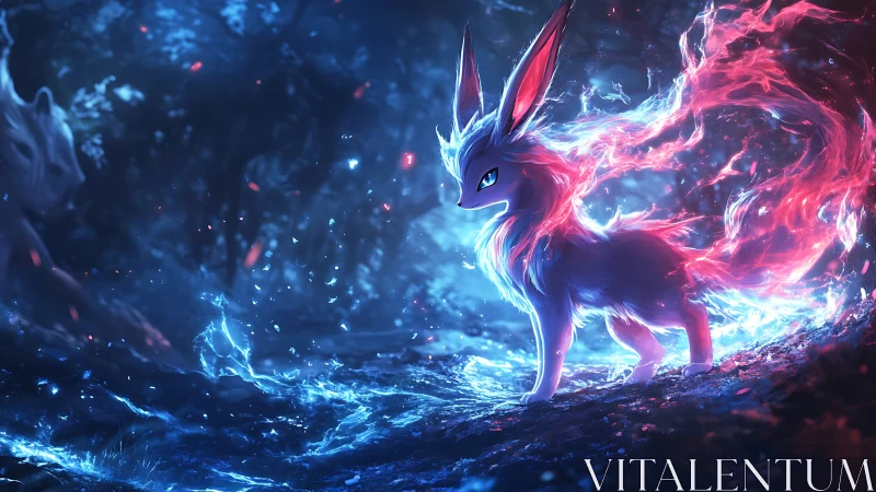 Elemental fox spirit with neon fire and ice aura at night.