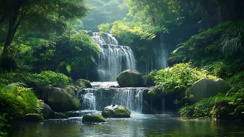 Tiered forest waterfall descends over mossy rocks into pool