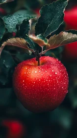 Dew-kissed red apple glows gently on a lush garden branch