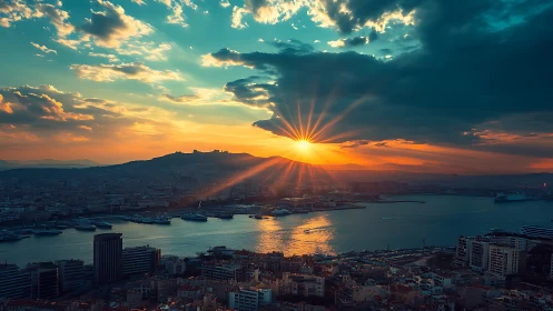 Golden harbor sunset casting warm light over the city.