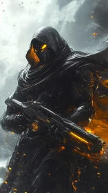 Armored hooded combatant with rifle and glowing accents.