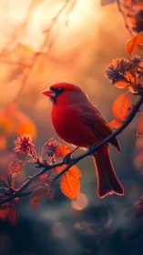 Red cardinal on branch amid orange foliage at dusk.