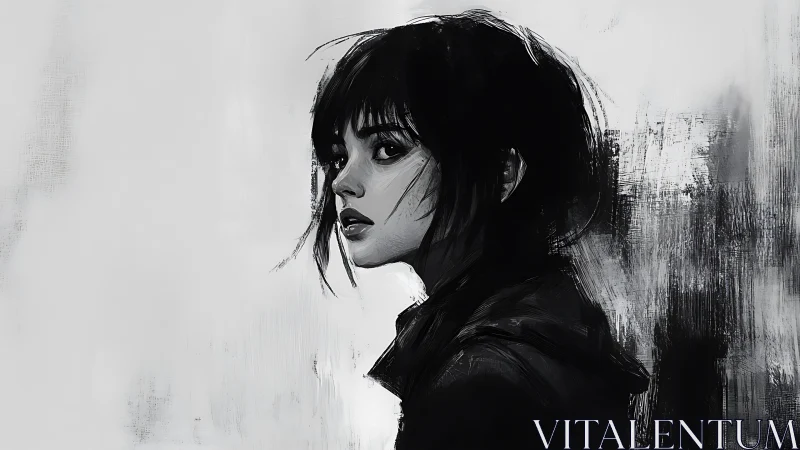 Moody monochrome portrait of young woman in profile.